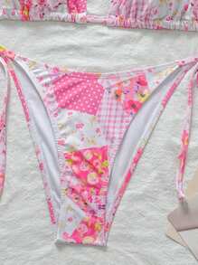 Swim Mod Printed Halter Tankini Swimsuit, Random Design For Summer Beach Vacation - Pink - View 3