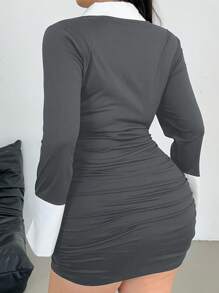 Flirla Back To School Casual Commute Everyday Black And White Patchwork Collar Bodycon Mini Dress