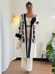 Chiquease Women's Spring & Summer Resort Style Loose Contrast Color Long Sleeve Robe And Wide Leg Pants 2 Pieces Set - Apricot - View 5