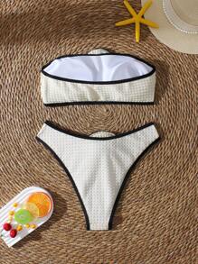 SHEIN Women's 2pcs Floral Textured Bandeau Bikini Swimwear, Casual Versatile Beach Triangle Bottom Swimwear, Sweet Girl Style For Summer Beach Vacation - Apricot - View 5