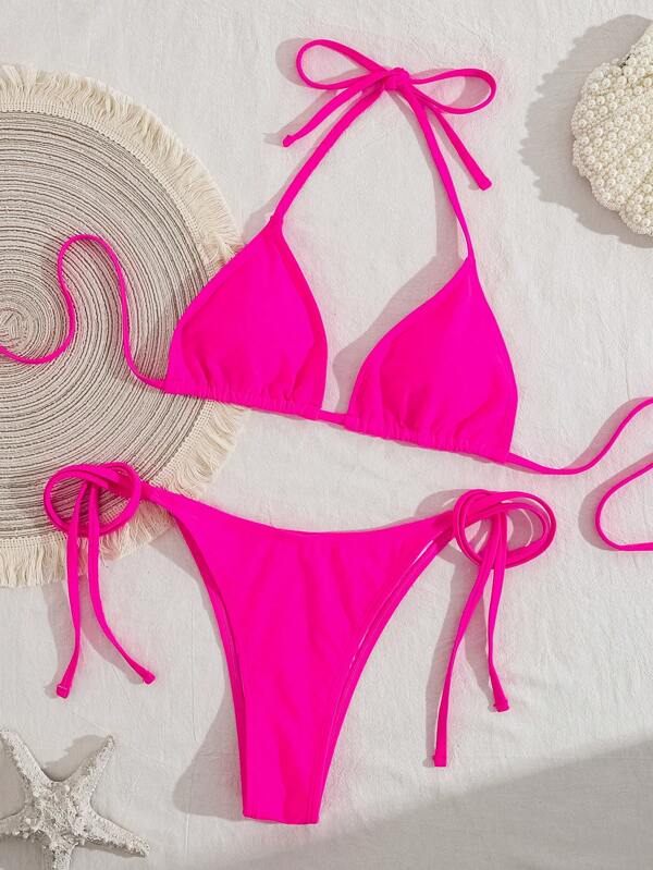 Swim Mod Women's Solid Color Halter Neck Bikini Set, Summer Vacation Beach