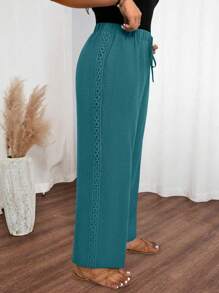 SHEIN LUNE Plus Size Women Casual Straight Leg Pants With Elastic Waist & Side Ruffle Design - Green - View 3