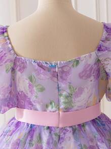 SHEIN Tween-Mädchen Organza-Kleid mit Blumendruck und Schleife und Puffärmeln, Prinzessinnenkleid, geeignet für Frühlingsausflüge, Urlaub, Geburtstagsfeiern, Abschlussbälle, Hochzeitssaison - Violett - Übersicht 6