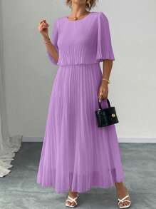 Elenzga Plus Size Elegant Chiffon Draped Midi Dress For Women, Spring/Summer - Mauve Purple - View 4