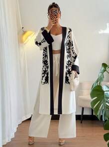 Chiquease Women's Spring & Summer Resort Style Loose Contrast Color Long Sleeve Robe And Wide Leg Pants 2 Pieces Set - Apricot - View 6