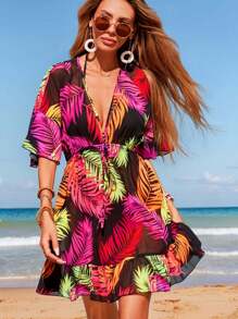 Swim Lushoire 女士热带植物印花沙滩罩衫连衣裙，夏季 - 玫紅色 - 查看 4