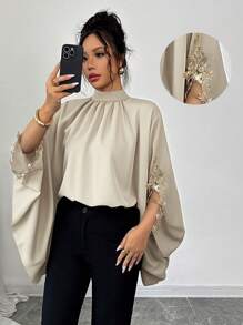 Selianne 时尚蝙蝠袖黑色优雅宽松设计金色蕾丝边女式衬衫，适合春夏季 - 米色 - 查看 1
