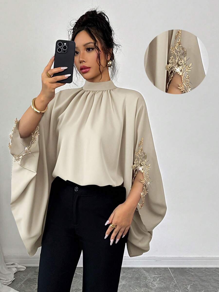 Selianne 时尚蝙蝠袖黑色优雅宽松设计金色蕾丝边女式衬衫，适合春夏季 - 米色 - 查看 1