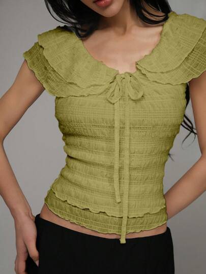 TRNVIE Textured Casual Beach Ruffle Hem Short Sleeve T-Shirt For Summer