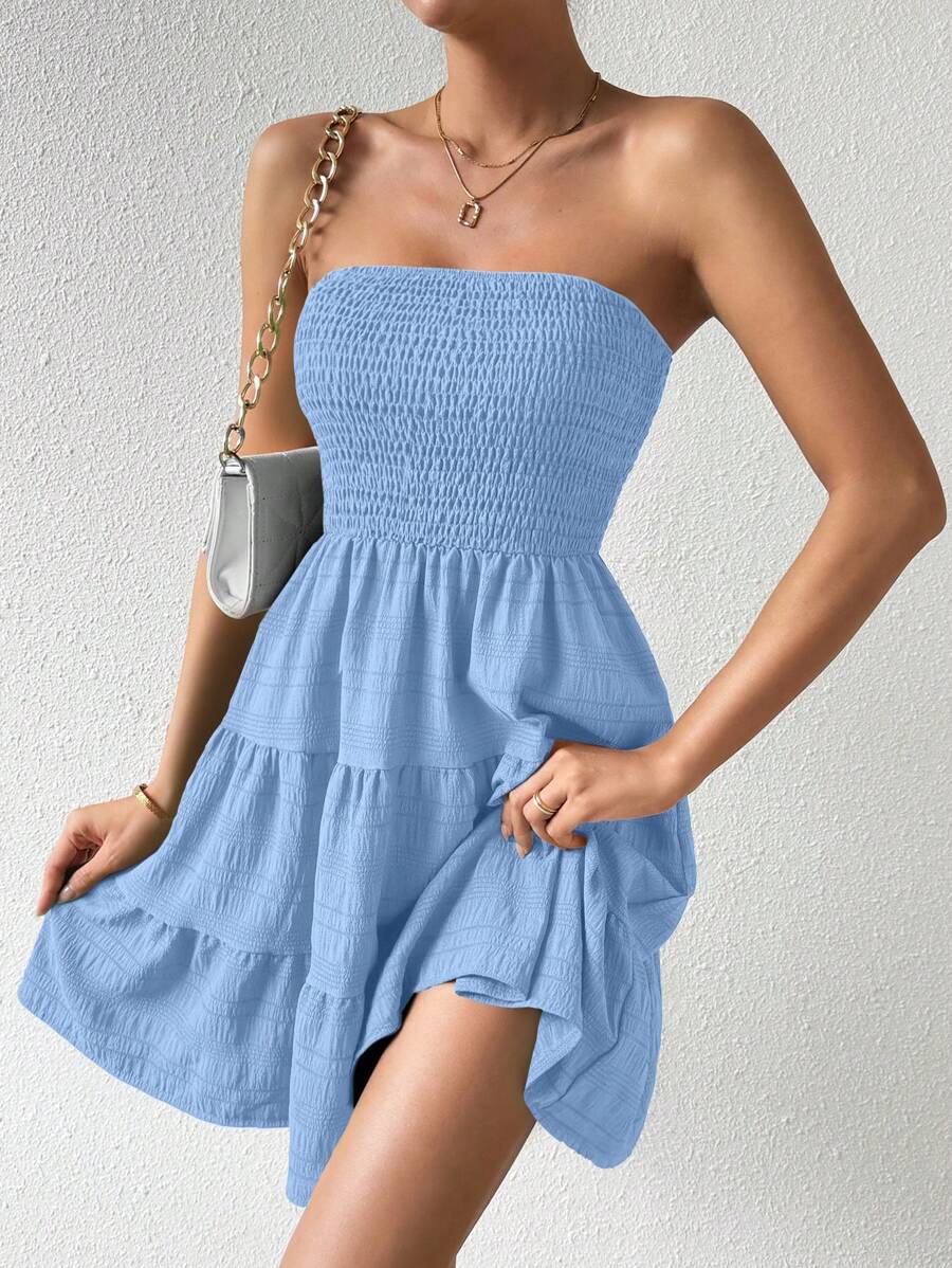Chiquease Women Casual Solid Color Ruffle Hem Tube Dress For Summer - Blue - View 1