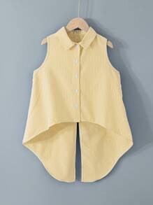 年轻女孩时尚编织条纹不对称下摆休闲衬衫 - 黃色 - 查看 2