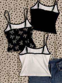 Attitoon 3 Set Multicolor Vintage Rock N' Roll Lips, Leopard Print Bow, Skeleton Graphic Design, Sexy Style, Cute Y2K Boho Music Festival Spaghetti Strap Camisole Tank Top For Women, Summer Back To School