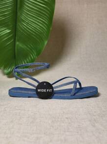 SHUZIA Women's Wide-Fit Fashionable And Versatile Square Toe Thong Flat Sandals Mother's Day Present - Blue - View 3