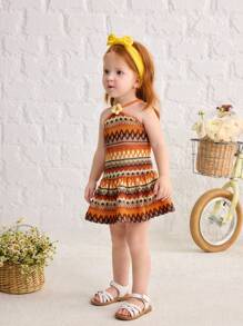 SHEIN Gaun Bayi Perempuan Kasual Sederhana Nyaman Model Halterneck Bergaris Motif Bunga 3D - Jeruk - View 12