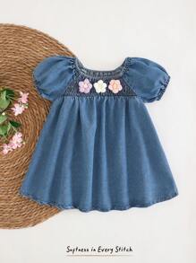 Cozy Pixies Baby Girl Ruffle Trim Denim Short Sleeve Square Neck Waisted Casual Dress - Blue - View 4