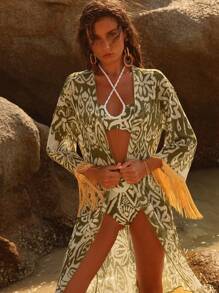 Anewsta Spring/Summer Fashion Elegant Steel Underwire Padded Floral & Gradient Leaf Print Large Flare Mermaid 3-Piece Bikini Swimsuit Set - Multicolor - View 5