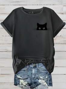 SHEIN CURVE+ 大码休闲可爱猫咪印花短袖 T 恤，夏季图案 T 恤女式上衣 - 深灰色 - 查看 1