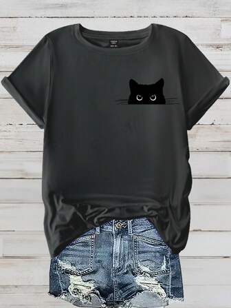 SHEIN CURVE+ 大码休闲可爱猫咪印花短袖 T 恤，夏季图案 T 恤女式上衣