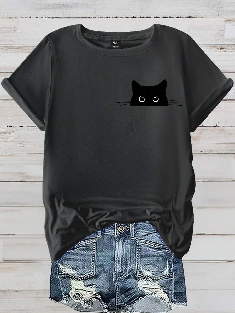 SHEIN CURVE+ 大码休闲可爱猫咪印花短袖 T 恤，夏季图案 T 恤女式上衣 - 深灰色 - 查看 1