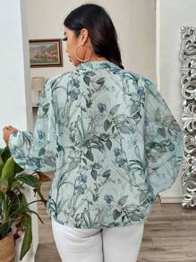 Flirla 大码花卉印花优雅长袖系带领衬衫，适合春夏季 - 綠色 - 查看 2