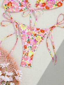 SHEIN Swim 2pcs Women's Summer Beach Floral Print Tie Front Top & Tie Side Bottoms Bikini Set, Suitable For Vacation - Multicolor - View 4