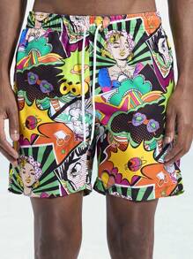 Surfspeed Men's Cartoon Print Casual Beach Shorts (Messy Design) - Multicolor - View 7