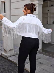SHEIN Essnce Plus Size Solid Color Fringe Decor Distressed Casual Long Sleeve Denim Jacket