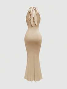 Sweetra Plus Size Women Plunge Neck Ruffled Fitted Mermaid Knit Dress, Suitable For Formal Party - Khaki - View 2