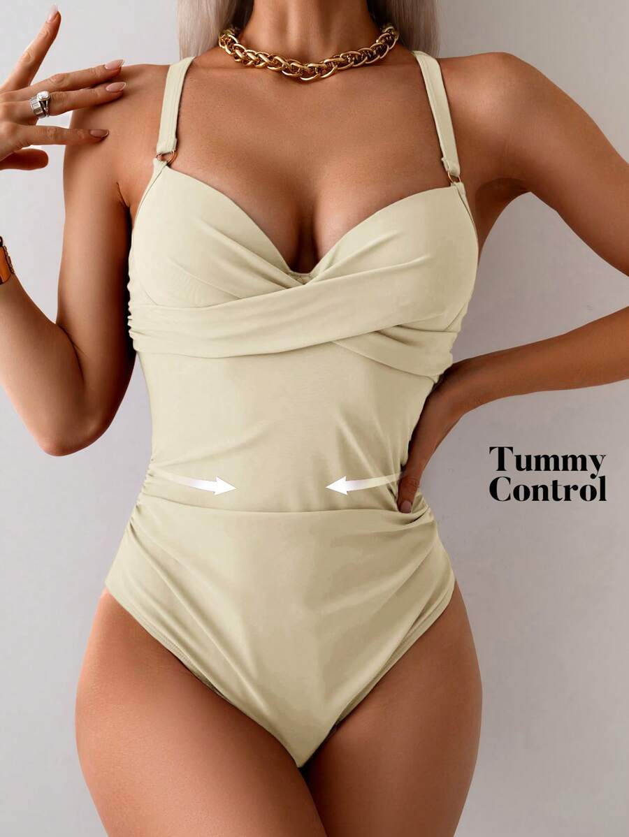 SHEIN Swim 1pc Adjustable Padded One-Piece Swimsuit, Solid Color Fashion, Suitable For Summer - Beige - View 1