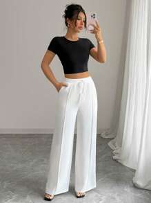 Elenzga 女士夏季白色优雅腰带设计直筒裤，高品质小众设计 - 白色 - 查看 1