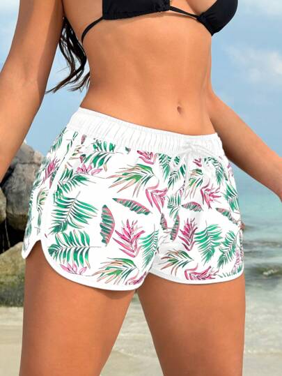Swim Lushoire Women's Tropical Plant Print Drawstring Shorts Bikini Bottom For Summer Beach Vacation