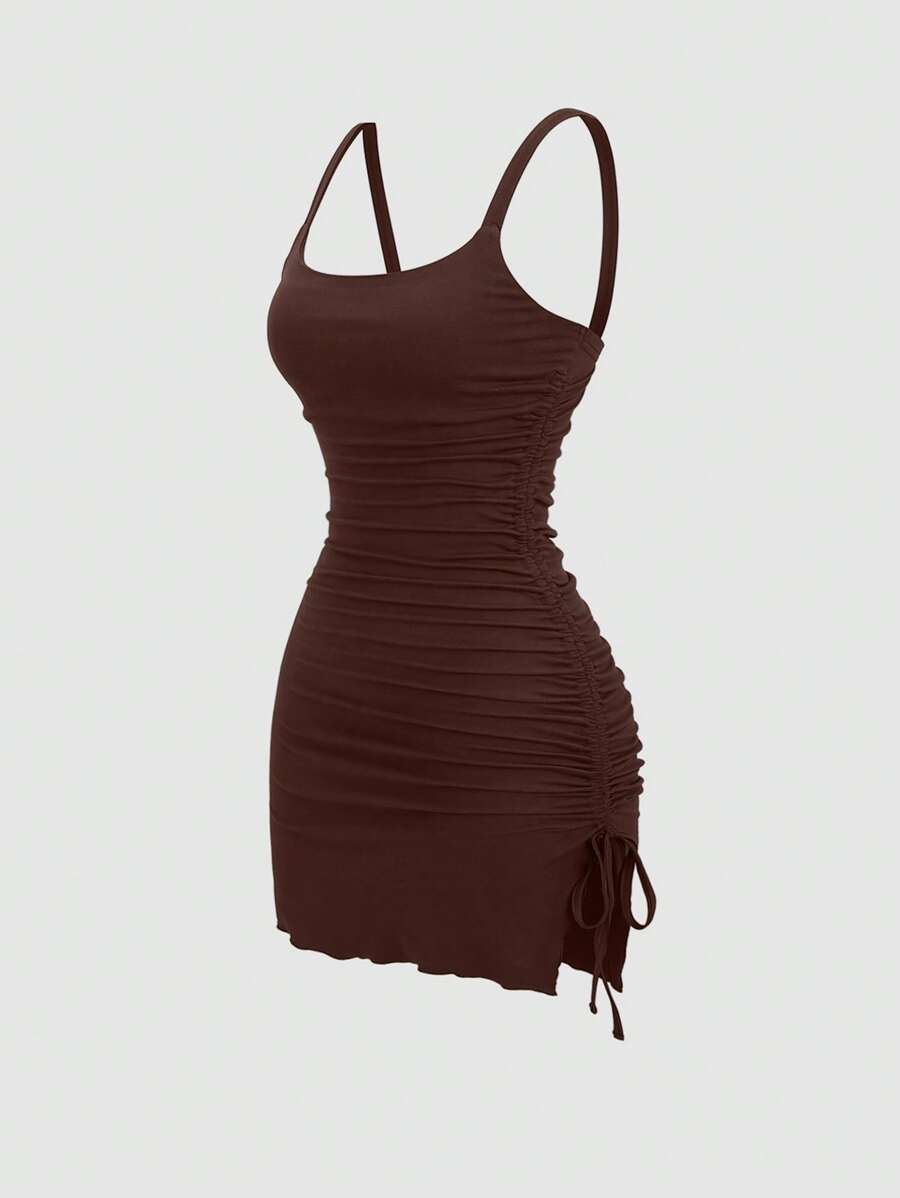 Sweetra Đầm bodycon hở lưng bất đối xứng dây rút gợi cảm Y2K - Cà phê - Xem 1