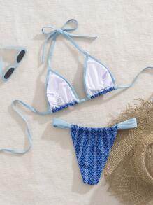 SHEIN Women's Casual Versatile Bohemian Geometric Holiday Print Patchwork Solid Color Bikini Top, Paired With Sexy Swim Bottoms, Suitable For Beach Outing - Multicolor - View 2