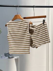 SHEIN EZwear 2 件夏季服装：棕米色条纹休闲吊带背心和短裤 - 卡其色 - 查看 2