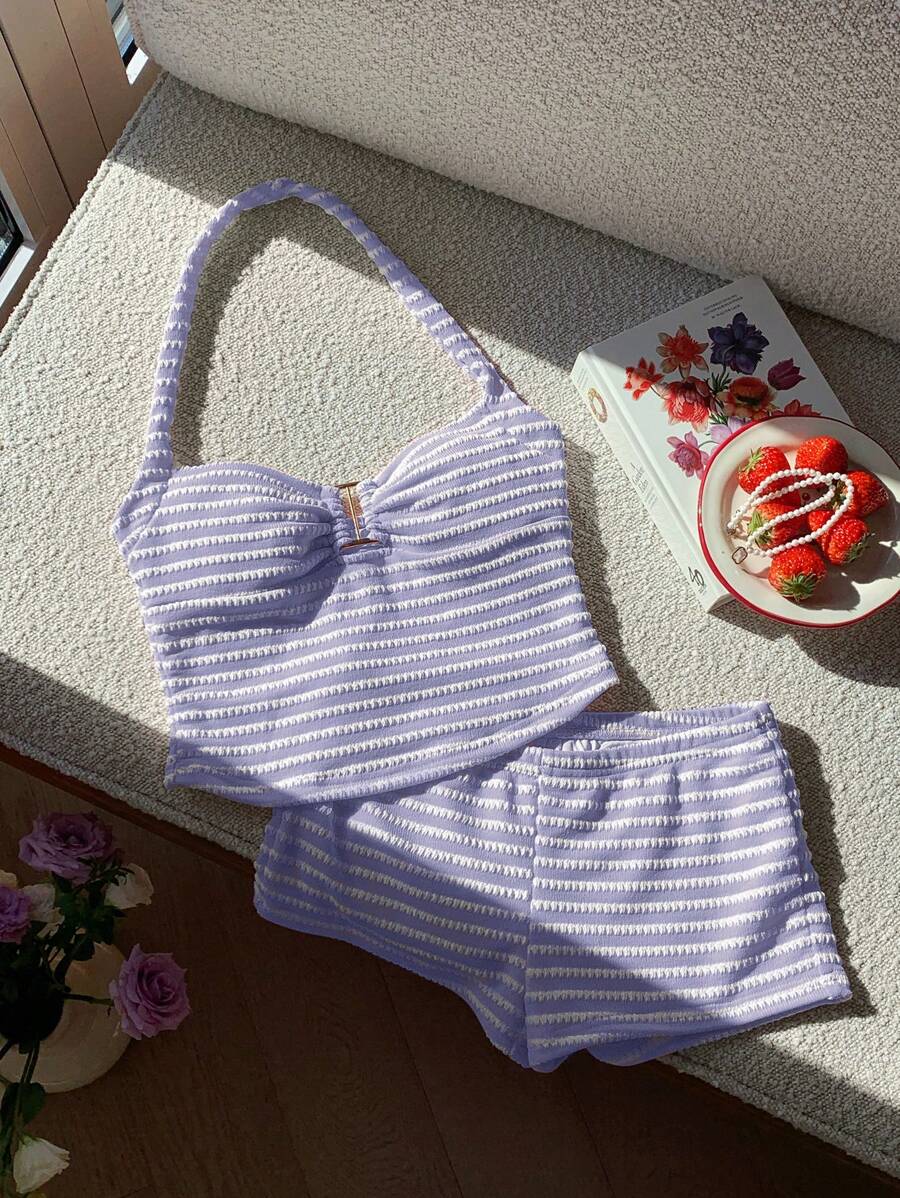 Comfortcana Stripes Print Halter Top And Ultra Shorts 2 Pieces Casual Outfit Set For Summer - Mauve Purple - View 1