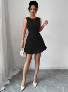 Elenzga New Women Round Neck Bowknot Design Half-Open Sleeveless Fitted Hem Splice Contrast Color Pleated Elegant Versatile Commuting Dating Party Refined Mini Dress - Black - View 5
