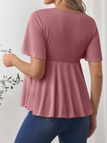 SHEIN Maternity Simple Elegant Solid Color Ruffle Hem Short Sleeve T-Shirt - Dusty Pink - View 2