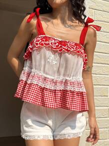Sunnyshic Red & White Plaid Printing Contrast Lace Casual Camisole For Summer