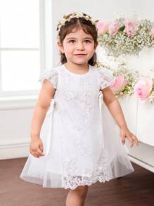 Baby Girl Cute & Elegant Versatile Bowknot Embroidered Mesh Dress - White - View 4