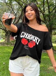 SHEIN EZwear Plus Size Women's Loose Cherry Fruit Print Off Shoulder Short Sleeve Casual T-Shirt