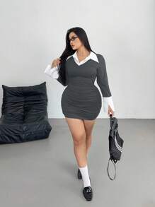 Flirla Back To School Casual Commute Everyday Black And White Patchwork Collar Bodycon Mini Dress