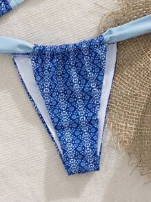 SHEIN Women's Casual Versatile Bohemian Geometric Holiday Print Patchwork Solid Color Bikini Top, Paired With Sexy Swim Bottoms, Suitable For Beach Outing - Multicolor - View 5