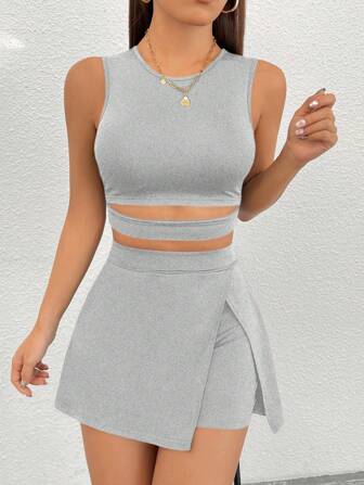 SHEIN PETITE 2pcs/Set Women Solid Color Waist Cutout Cami Top And Slit Hem Skort Set