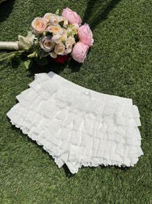 SHEIN Teen Girls' Casual Simple Comfortable Ruffle Trim Decorated Shorts - White - View 6