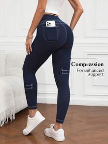 Flexra Women High Waist Skinny Casual Versatile Stretchy Knit Apple Bottom Denim Jeans - Blue - View 2