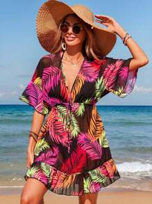 Swim Lushoire 女士热带植物印花沙滩罩衫连衣裙，夏季 - 玫紅色 - 查看 3