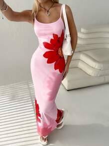 SHEIN EZwear Fairycore 俱乐部服装 女式性感生日连衣裙 外出服装 返校节服装 女式细肩带高弹针织花卉印花长裙 加大码