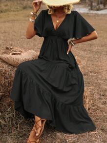 Breezaya Đầm dài tay bồng xếp nếp cổ chữ V màu trơn phong cách Bohemian cho kỳ nghỉ bãi biển dành cho nữ, mùa xuân/hè - màu đen - Xem 6