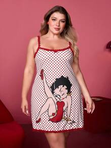 Betty Boop x SHEIN Damen Große Größen süßes, sexy rotes & weißes Spitzen Polka Punkt Nachthemd, Sommer, Urlaub