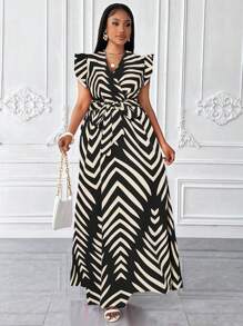 Maweii Váy dài họa tiết sọc dọc cổ chữ V cho nữ cỡ lớn, tay áo thắt lưng hình bướm - màu đen - Xem 6